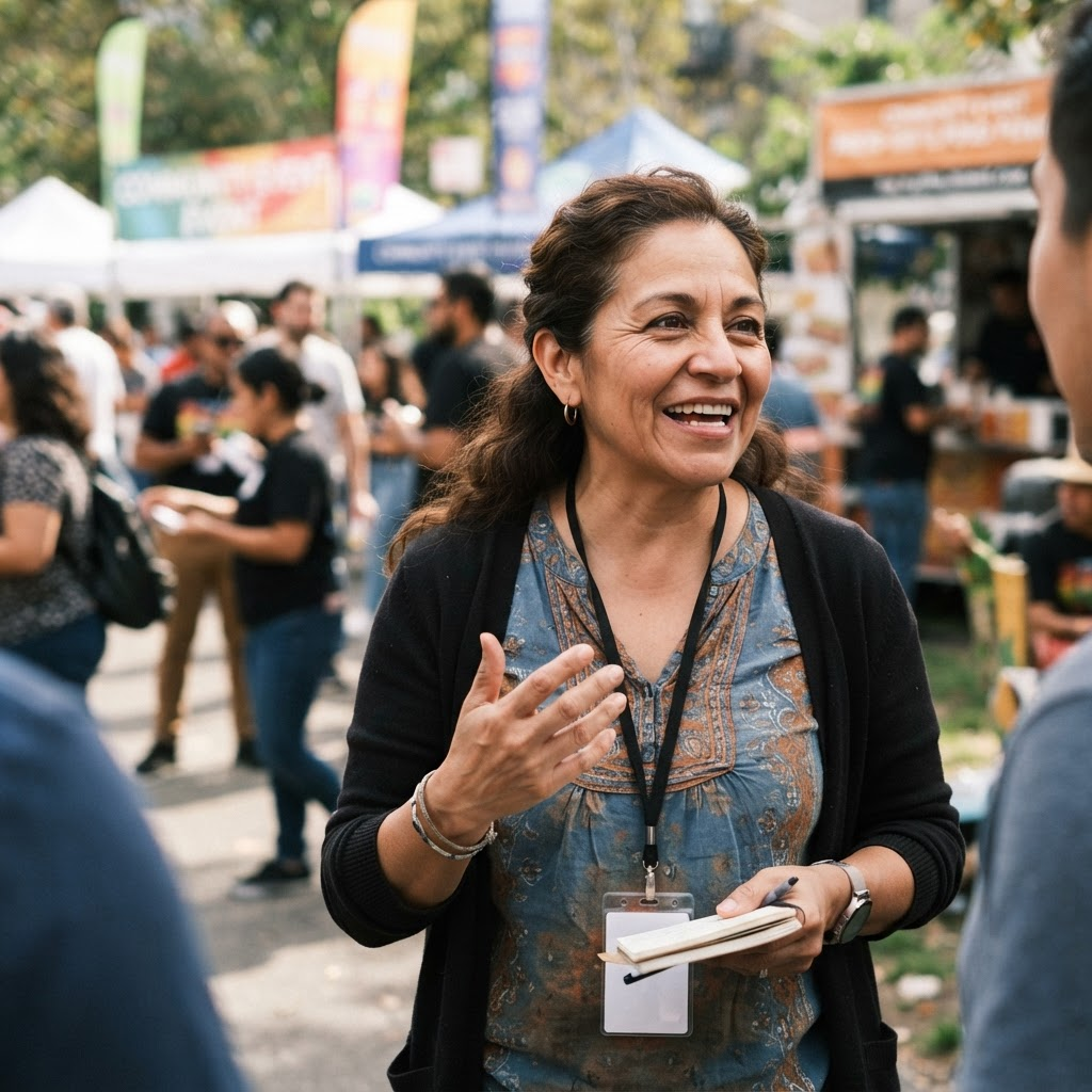 A community organizer caught in a candid moment of conversation at a local event