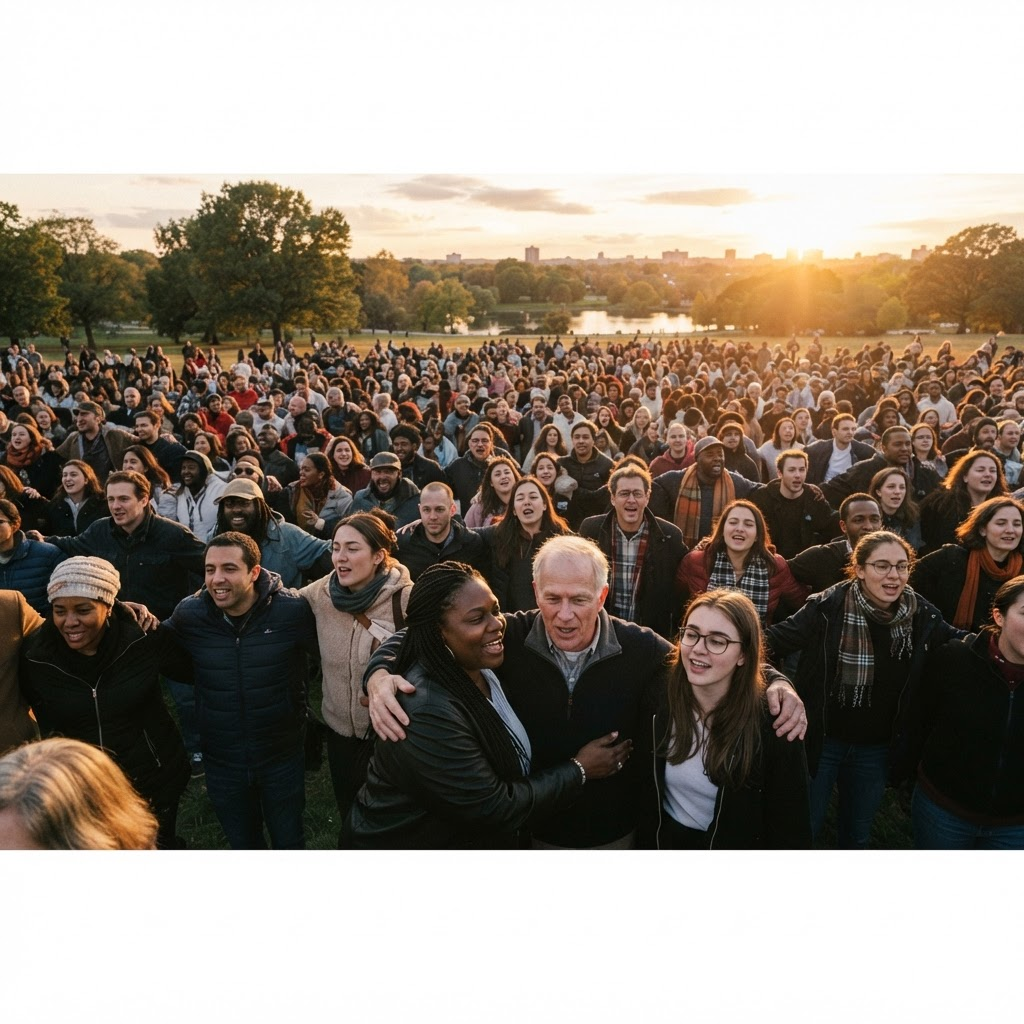 A large diverse crowd of people standing together outdoors at golden hour in a hopeful, unified moment