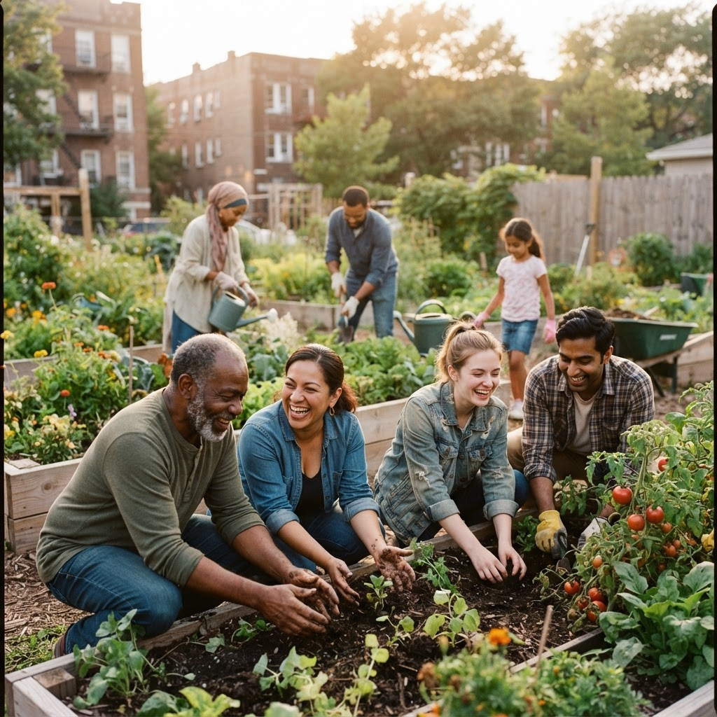 A diverse group of neighbors working together in a community garden, planting and sharing tools in golden evening light