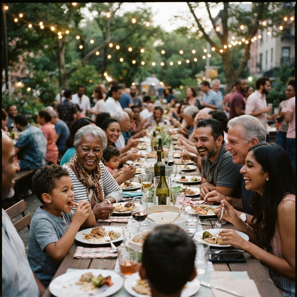 Neighbors of different ages sharing a meal together at a long outdoor table under string lights