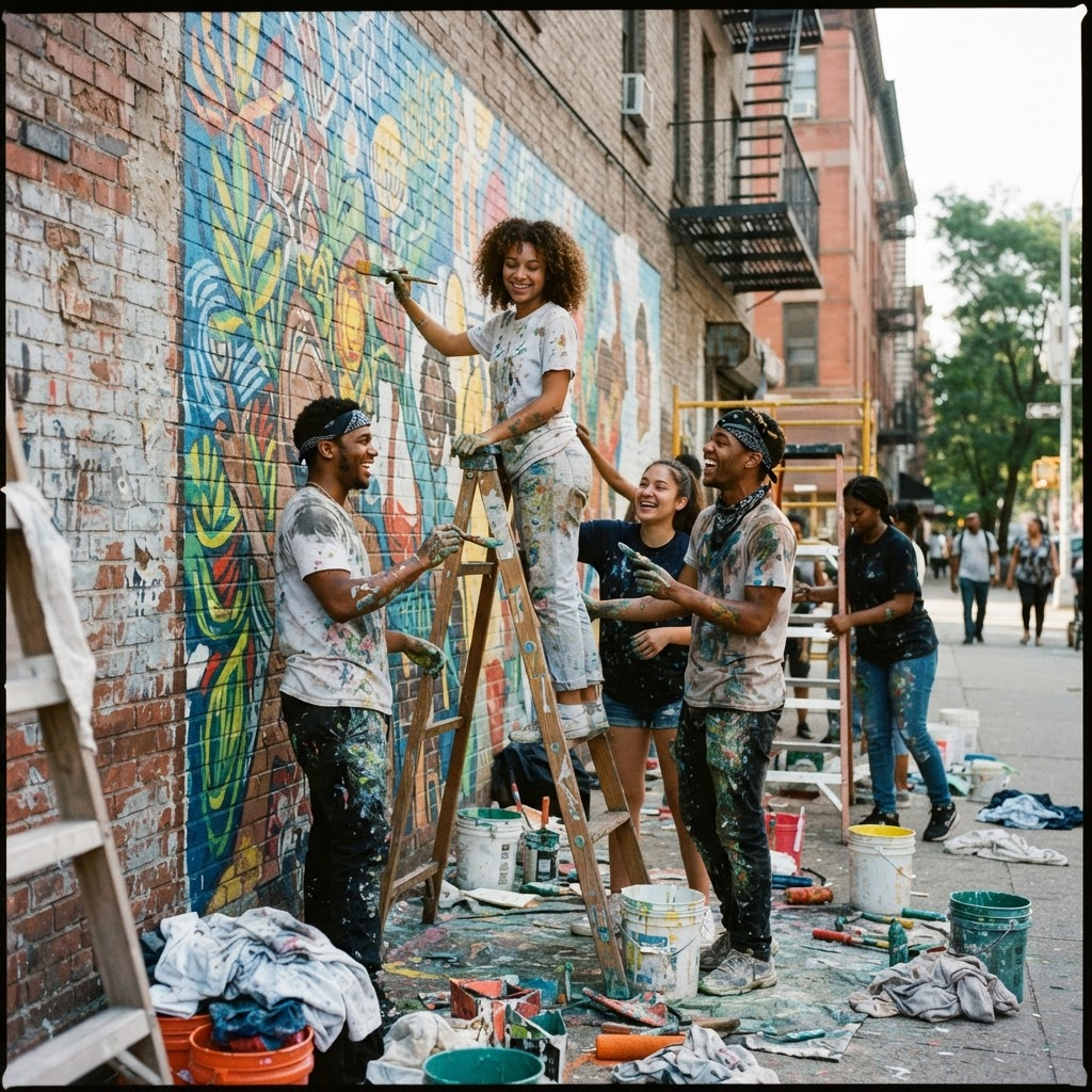 Young artists painting a large community mural together on a city wall