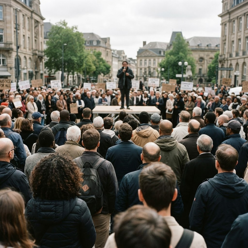 A diverse group of people marching peacefully together in the daytime