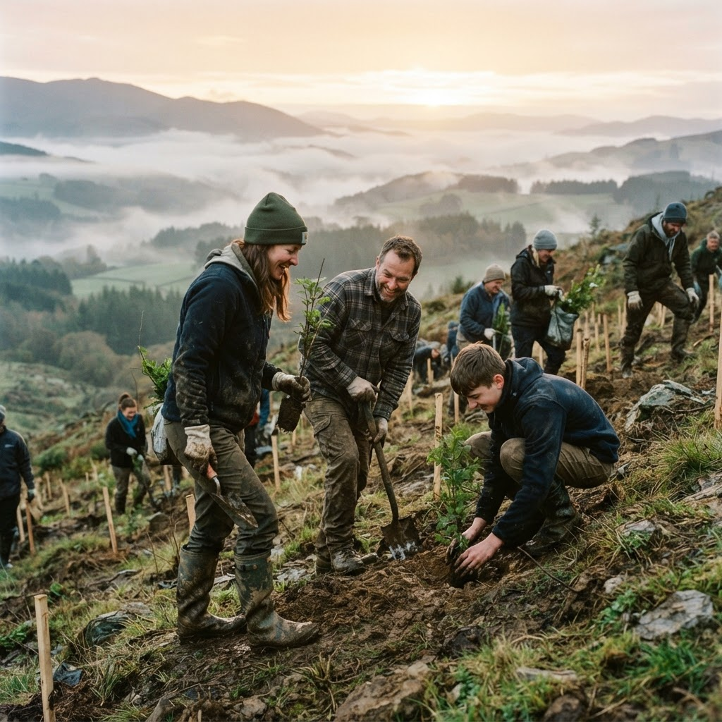 Volunteers planting young trees together on a misty hillside at dawn