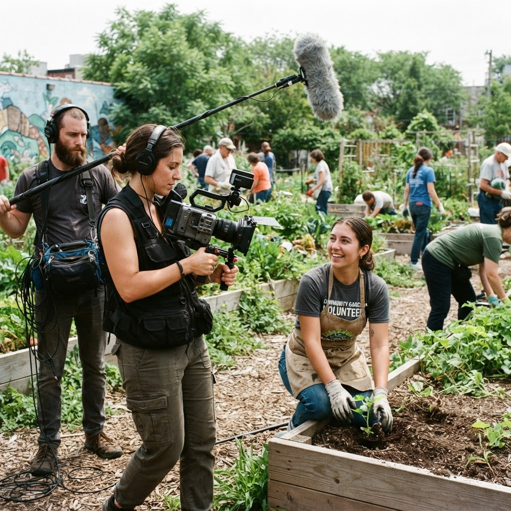 A small documentary film crew following and filming a community volunteer at work outdoors
