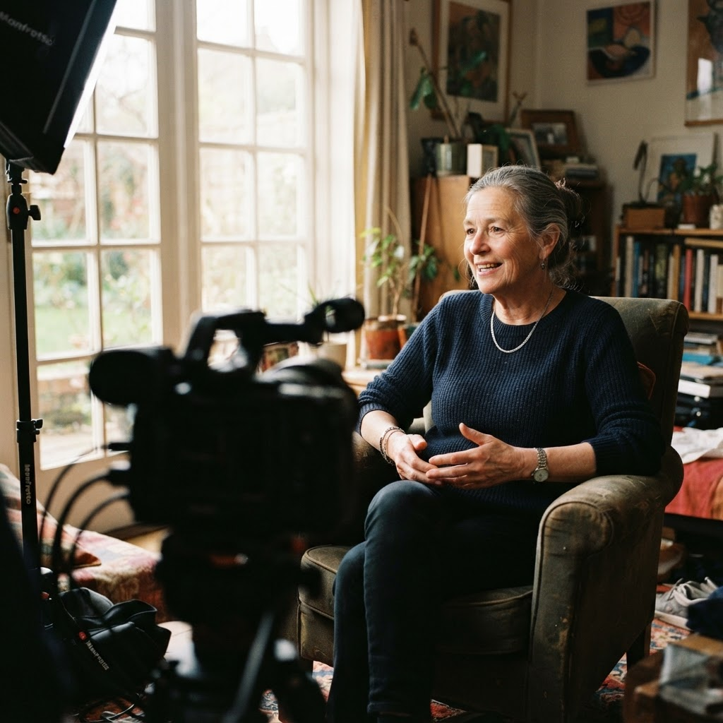 An intimate documentary interview setup with a person mid-conversation near a window